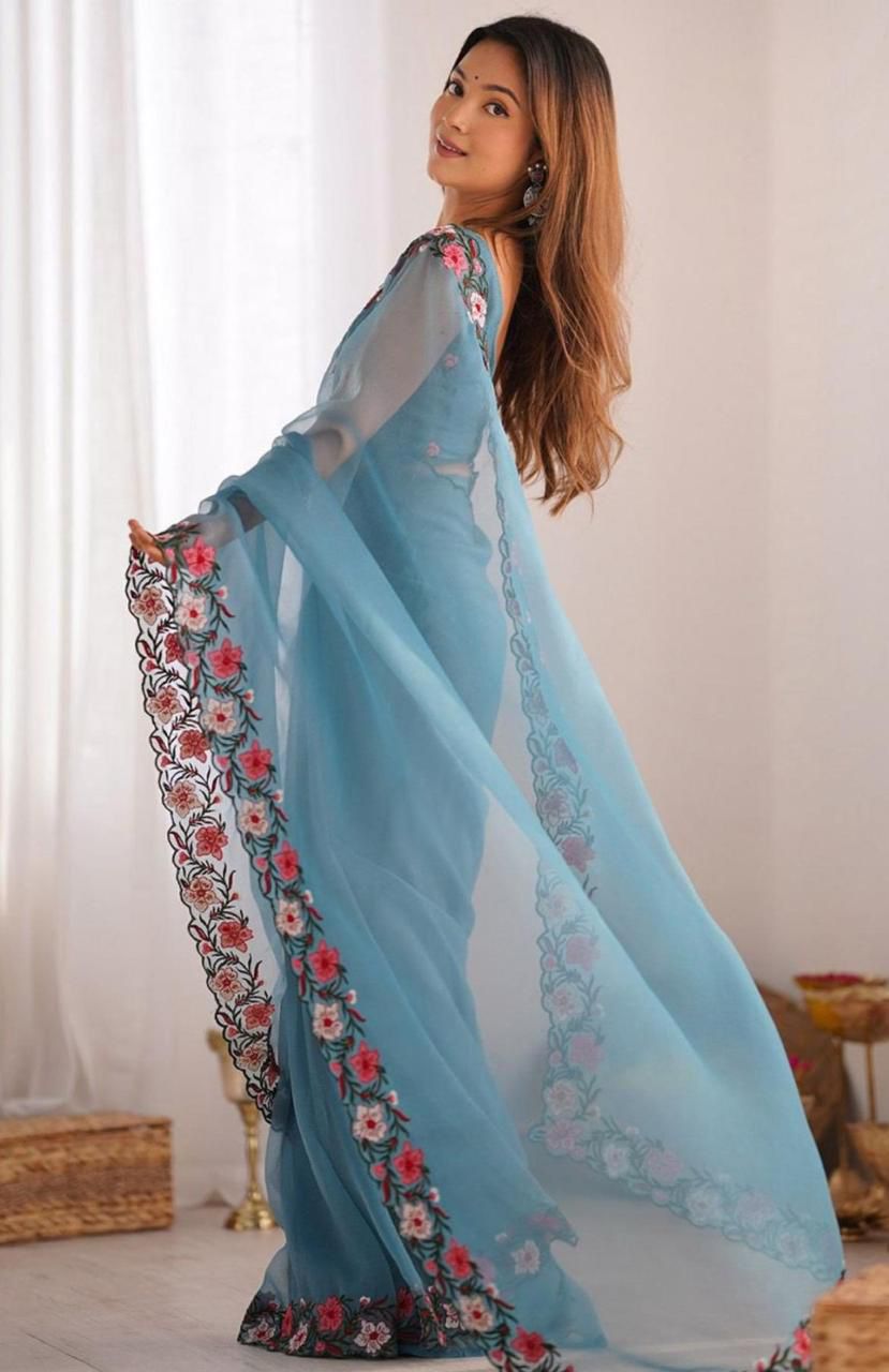 Elegant Floral Embroidered Saree