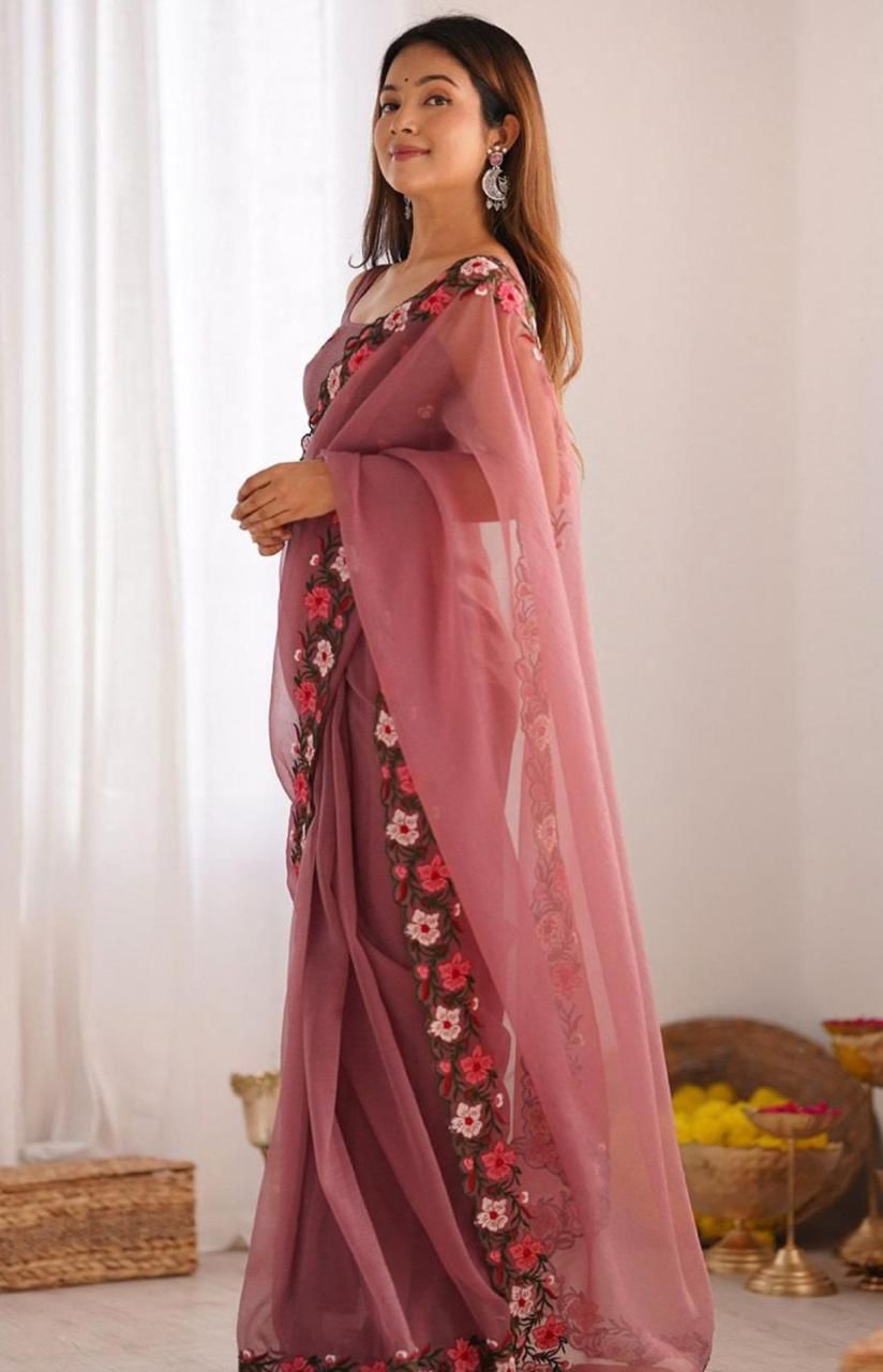 Elegant Floral Embroidered Saree