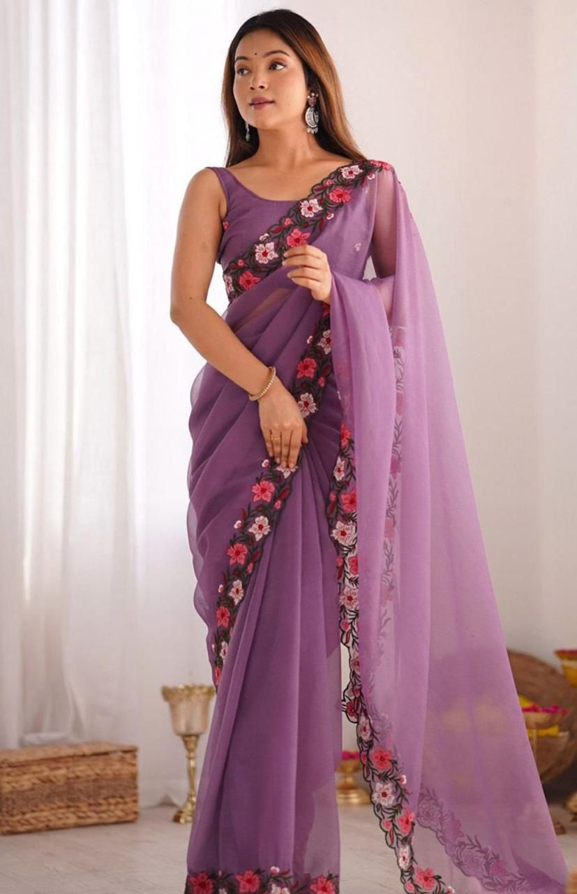 Elegant Floral Embroidered Saree