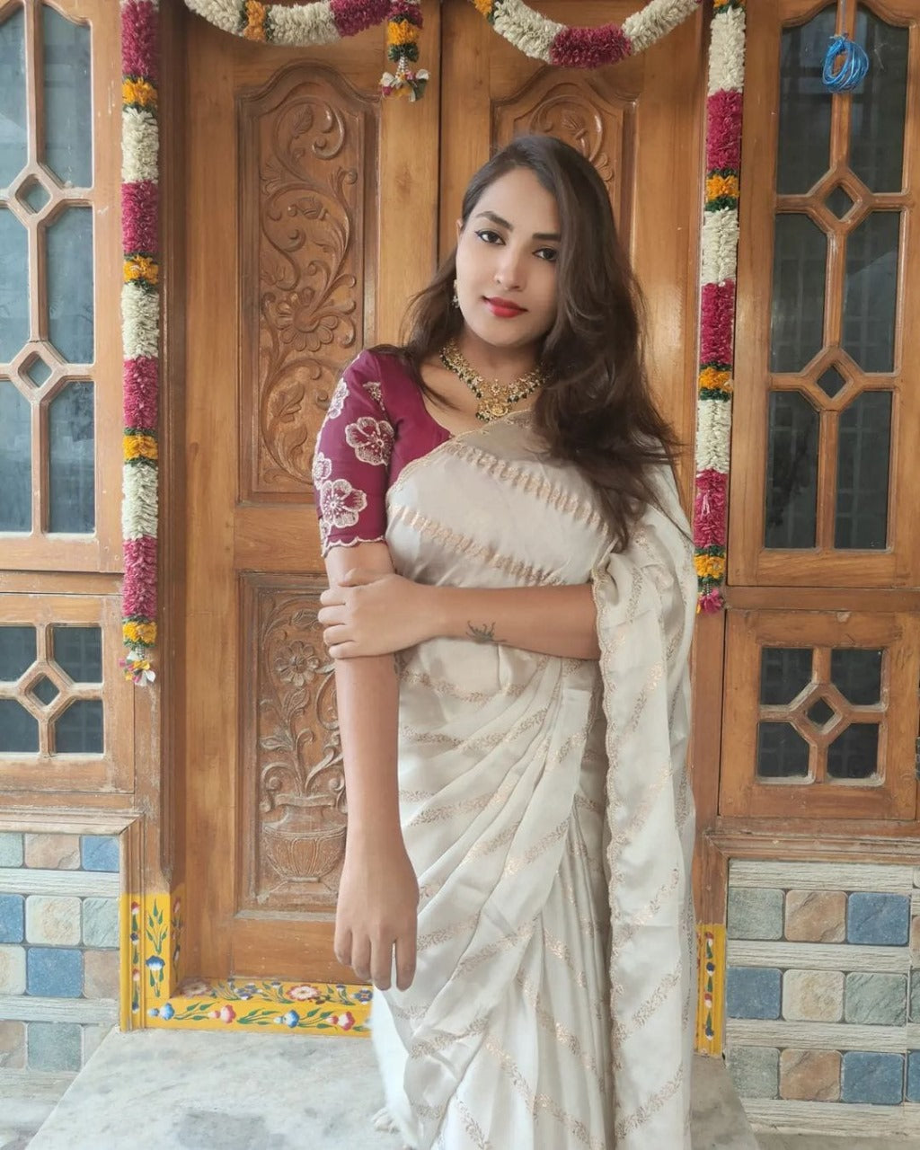 Classic Cream Gold Embroidered Saree