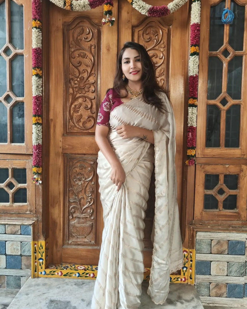 Classic Cream Gold Embroidered Saree