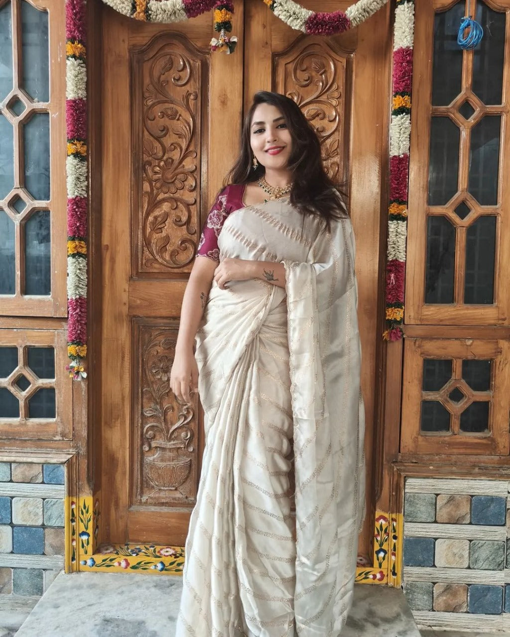 Classic Cream Gold Embroidered Saree