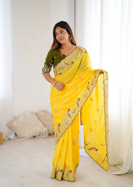 Golden Petals Embroidered Saree