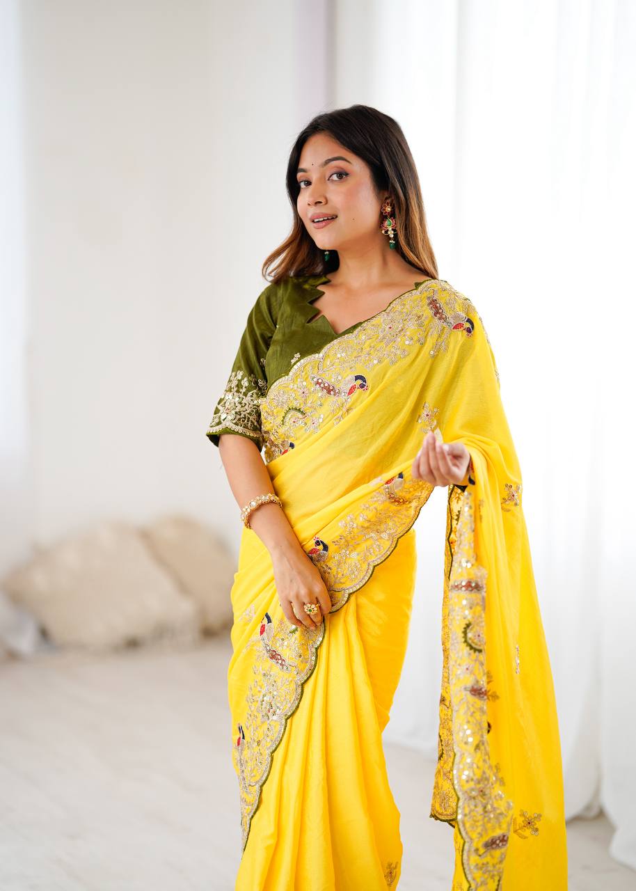 Golden Petals Embroidered Saree
