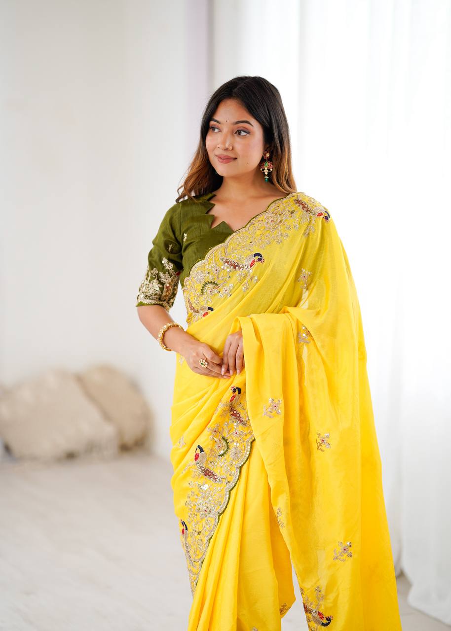 Golden Petals Embroidered Saree