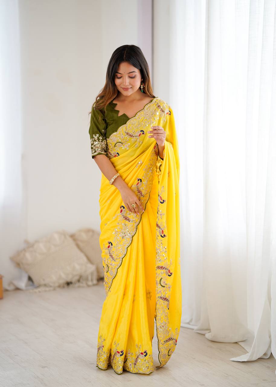 Golden Petals Embroidered Saree