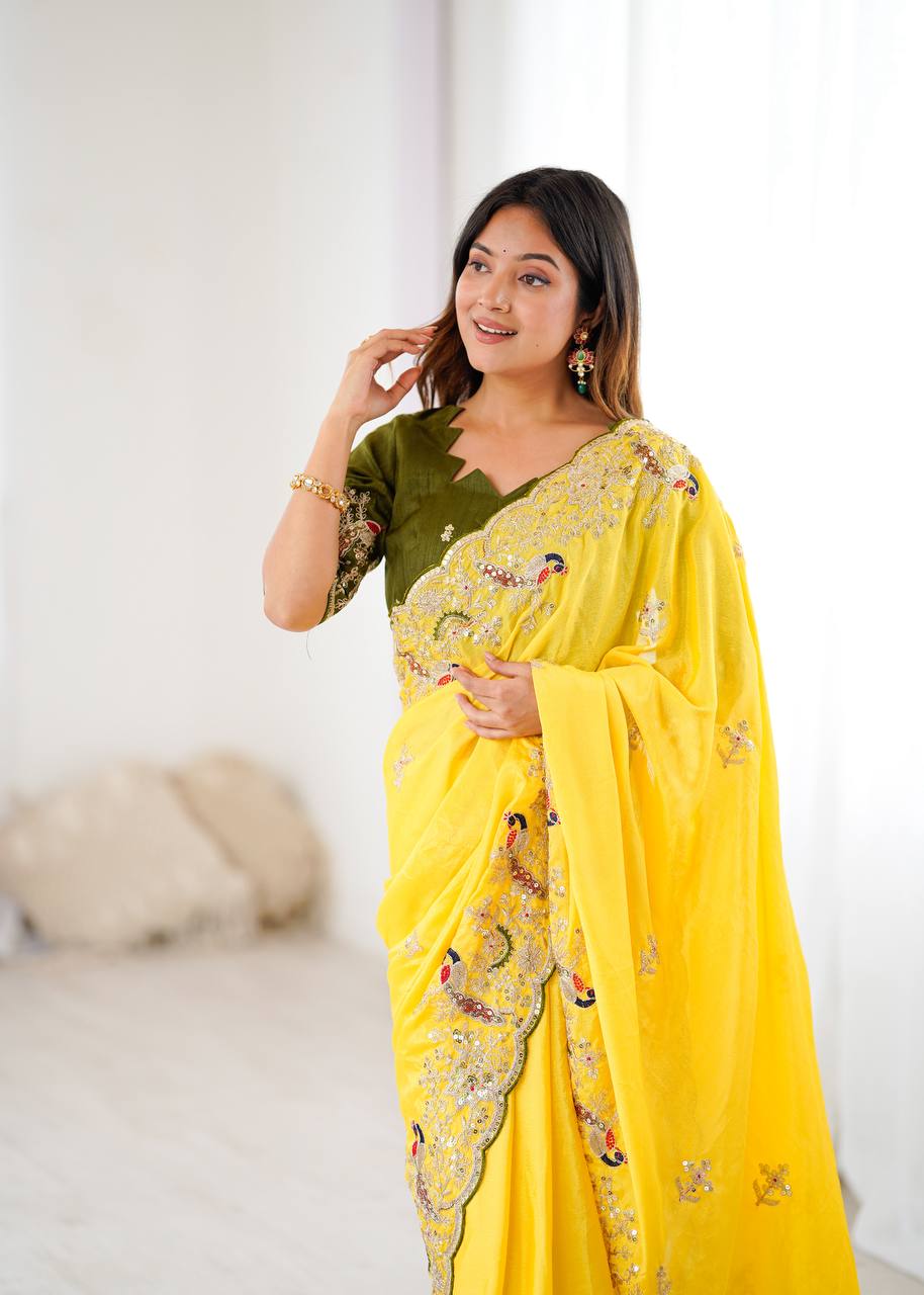 Golden Petals Embroidered Saree