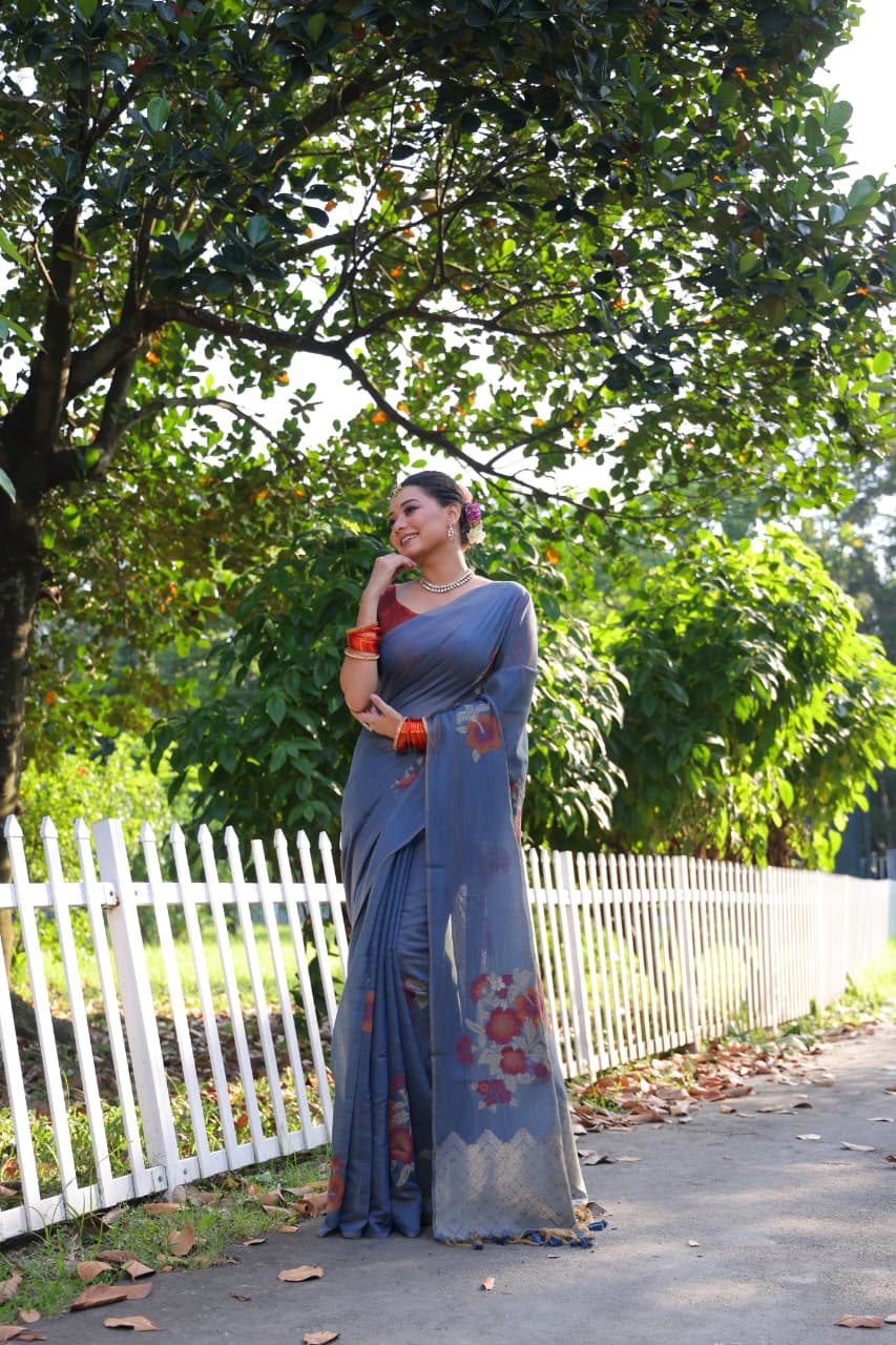 Elegant Floral Print Linen Saree