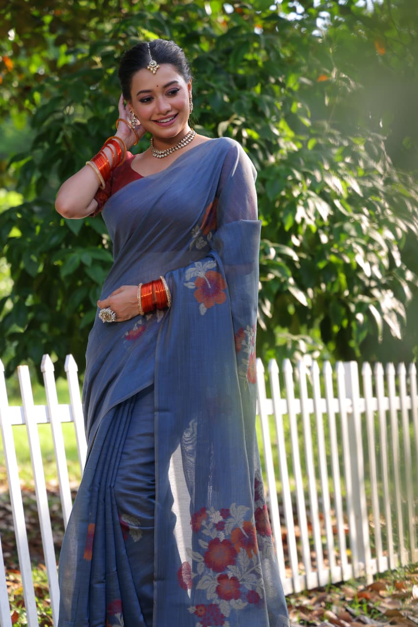 Elegant Floral Print Linen Saree