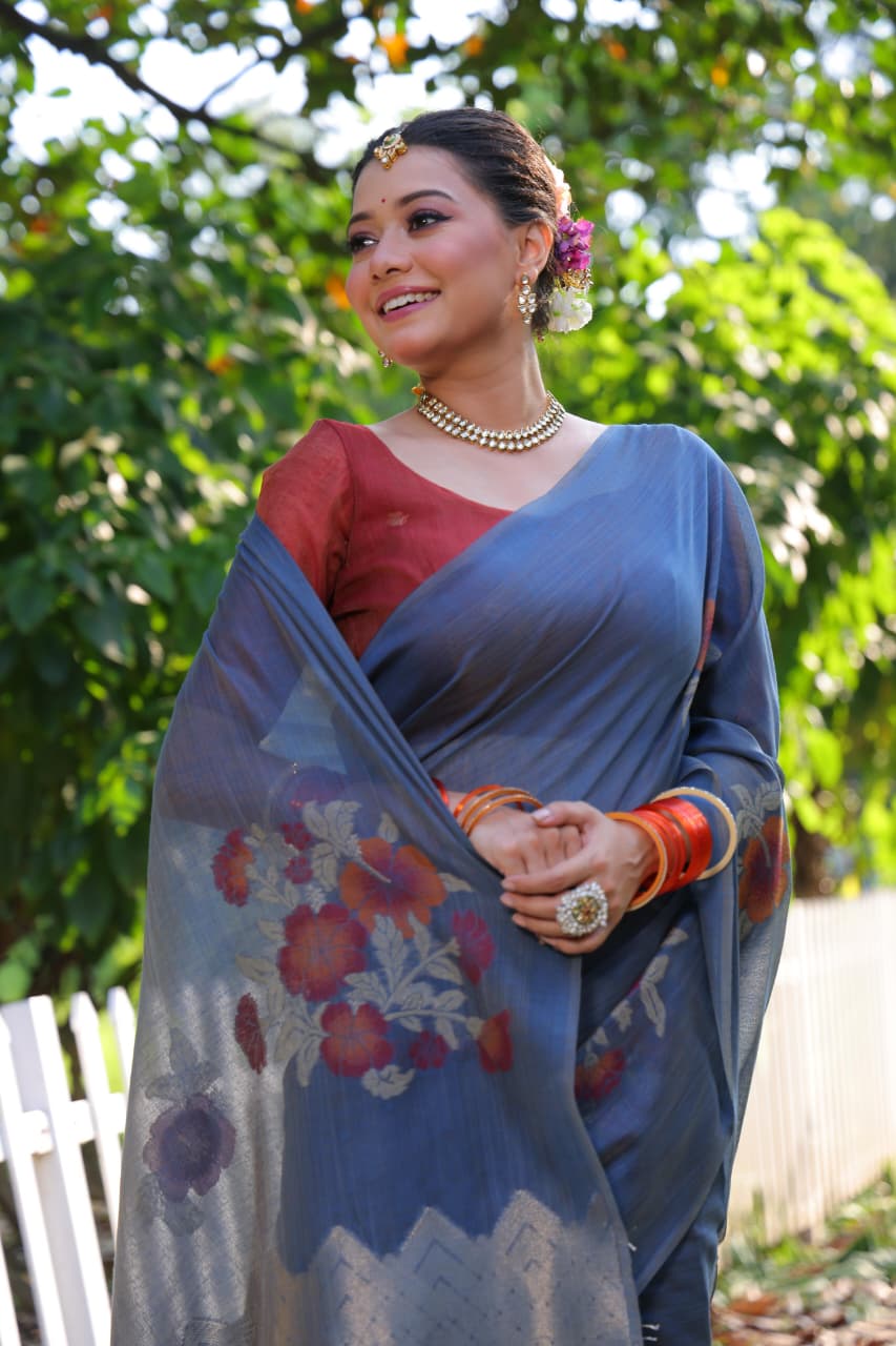 Elegant Floral Print Linen Saree