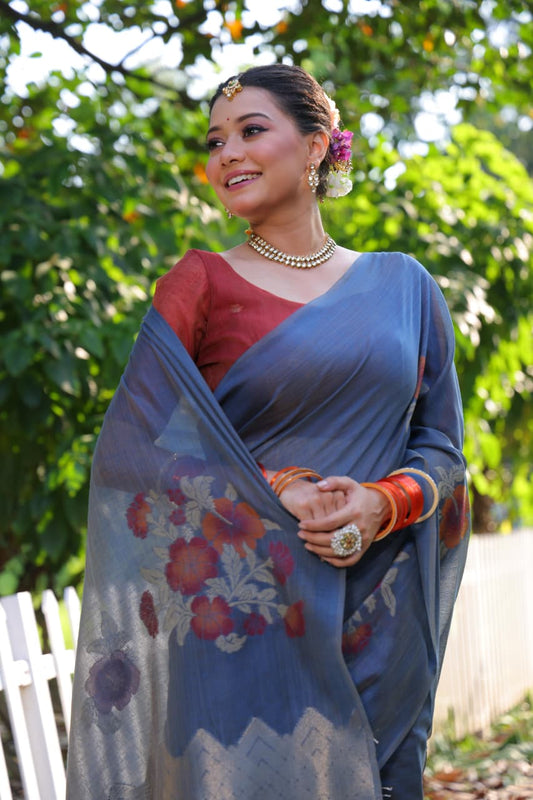 Elegant Floral Print Linen Saree